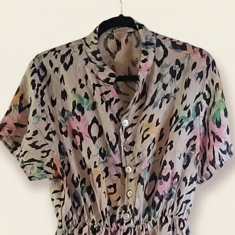 Anna Melani Italy 100% Linen Leopard Floral Button Up MIDI Dress Size Large - Picture 6 of 9